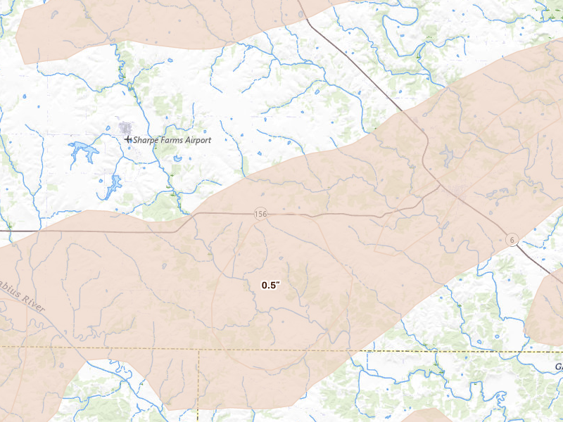 Radar-estimated hail-size map of the storm over Ewing, MO on Mar 10, 2026