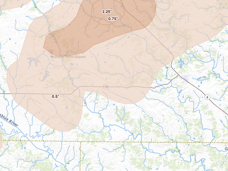 Radar-estimated hail-size map of the storm over Ewing, MO on Apr 17, 2026