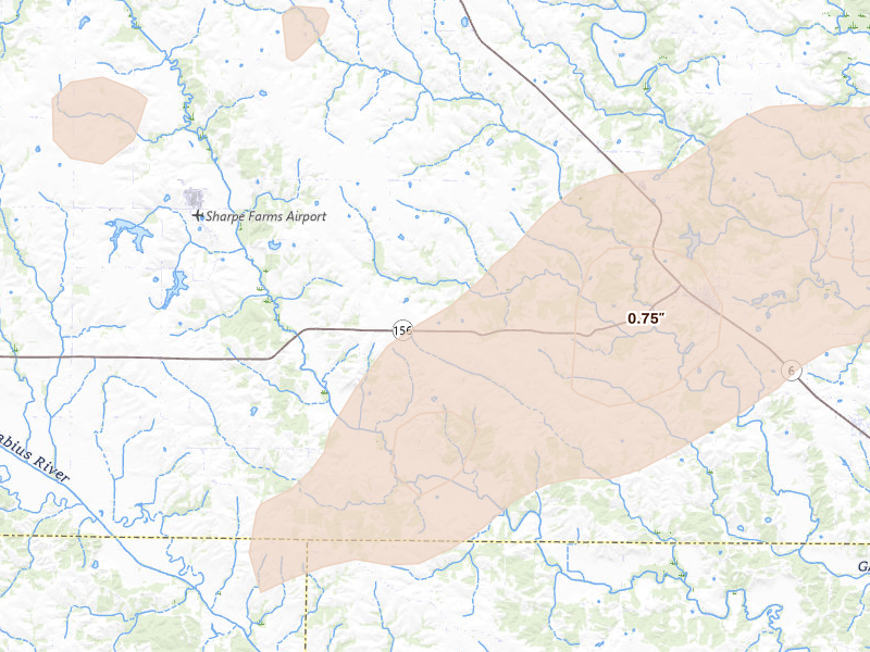 Radar-estimated hail-size map of the storm over Ewing, MO on Jun 11, 2026