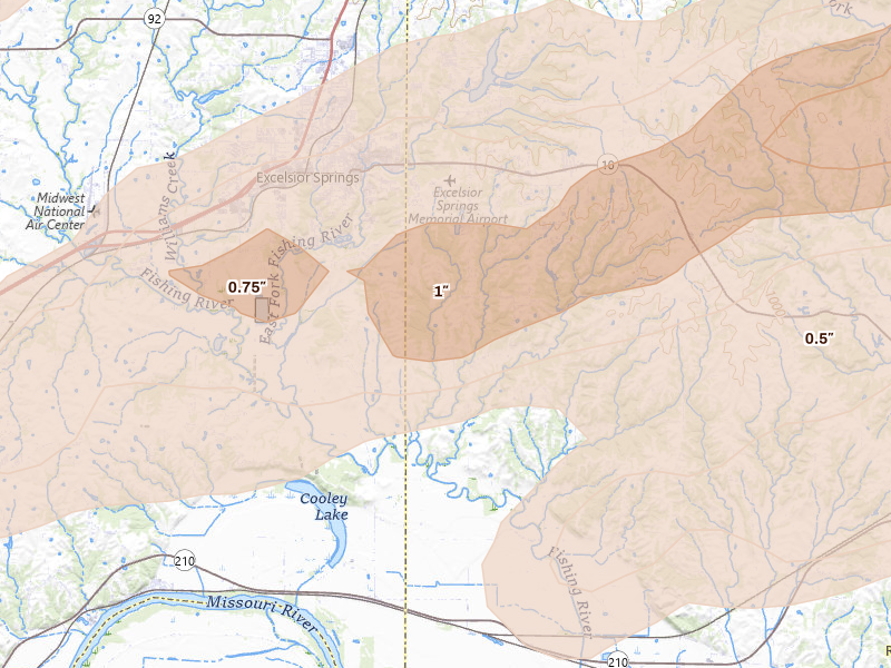 Radar-estimated hail-size map of the storm over Excelsior Springs, MO on Mar 10, 2026