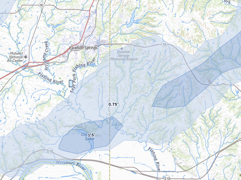 NEXRAD radar-signature map of the hail over Excelsior Springs, MO
