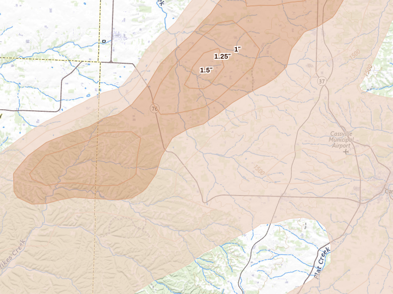 Radar-estimated hail-size map of the storm over Exeter, MO on Apr 28, 2026