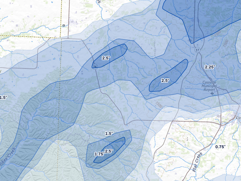 NEXRAD radar-signature map of the hail storm over Exeter, MO on Apr 28, 2026