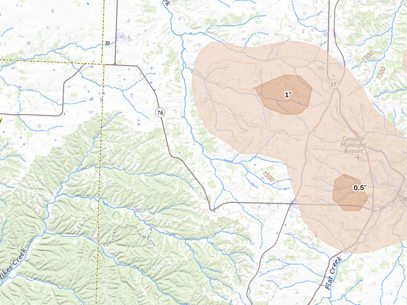 Radar-estimated hail-size map of the storm over Exeter, MO on Aug 6, 2026