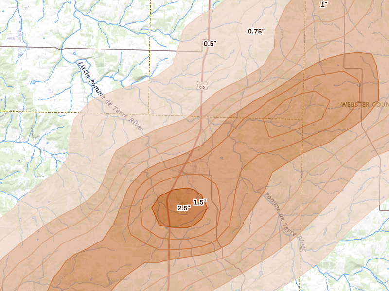 Radar-estimated hail-size map of the storm over Fair Grove, MO on Apr 28, 2026