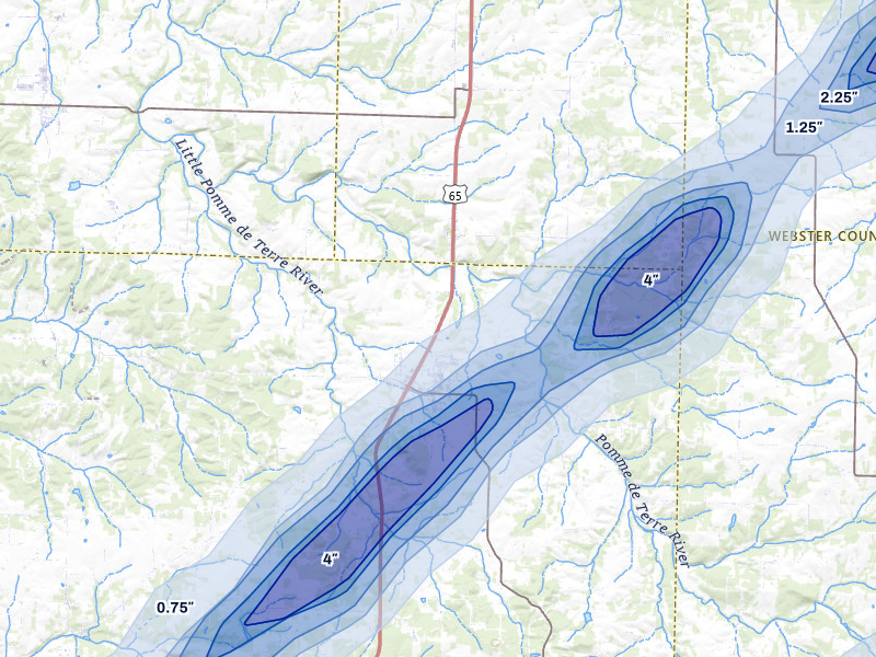 NEXRAD radar-signature map of the hail storm over Fair Grove, MO on Apr 28, 2026