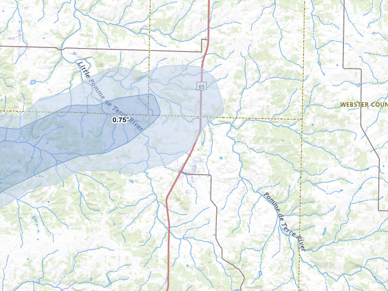 NEXRAD radar-signature map of the hail storm over Fair Grove, MO on Jul 9, 2026