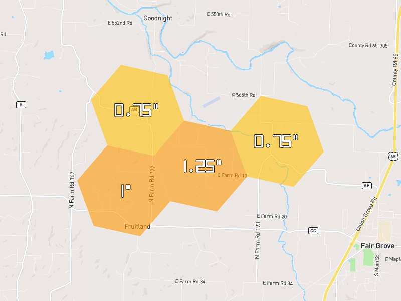 Hail map of Fair Grove, MO on Jul 9, 2026, hail up to 1.25"