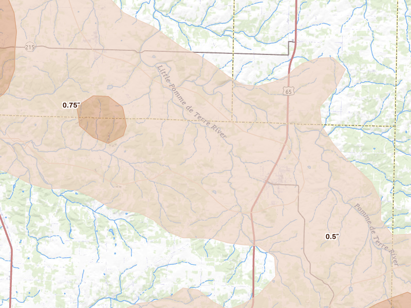 Radar-estimated hail-size map of the storm over Fair Grove, MO on Aug 6, 2026