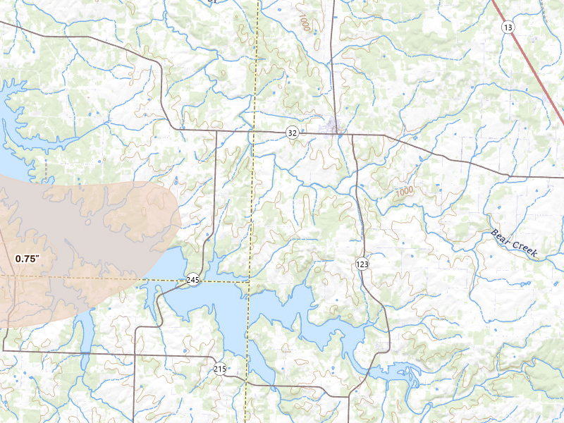 Radar-estimated hail-size map of the storm over Fair Play, MO on Jul 10, 2026