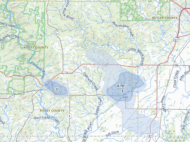 NEXRAD radar-signature map of the hail storm over Fairdealing, MO on Mar 7, 2026