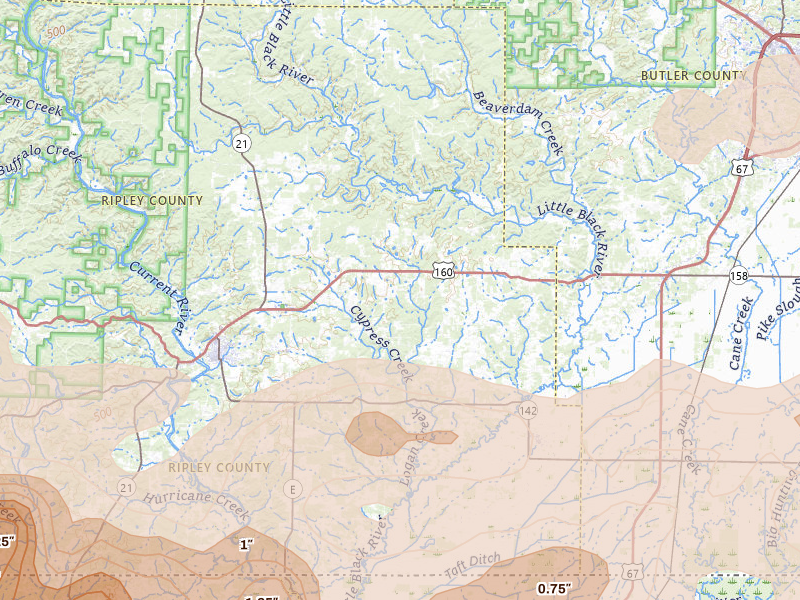 Radar-estimated hail-size map of the storm over Fairdealing, MO on Apr 16, 2026