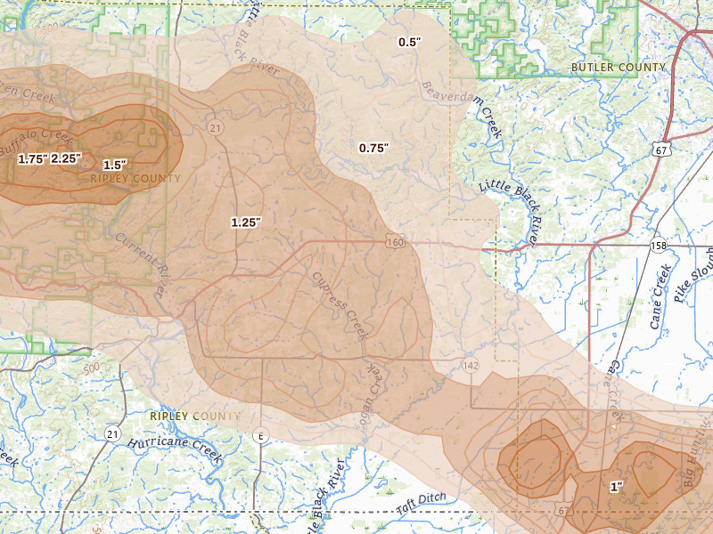 Radar-estimated hail-size map of the storm over Fairdealing, MO on Apr 28, 2026