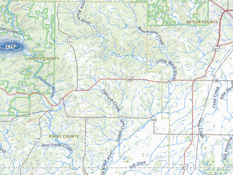 NEXRAD radar-signature map of the hail storm over Fairdealing, MO on Apr 28, 2026