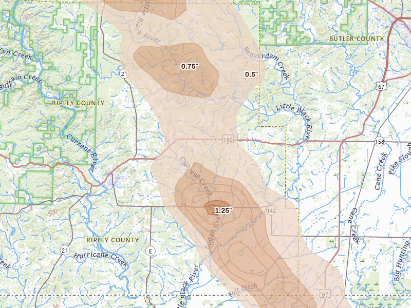 Radar-estimated hail-size map of the storm over Fairdealing, MO on May 31, 2026