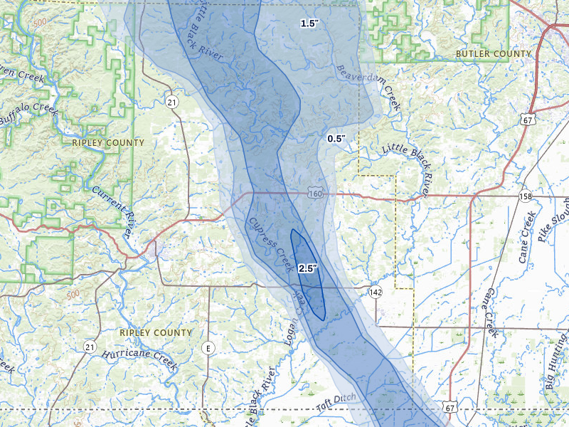 NEXRAD radar-signature map of the hail storm over Fairdealing, MO on May 31, 2026