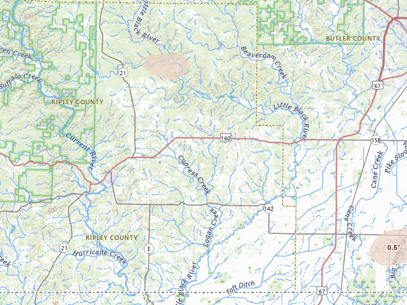Radar-estimated hail-size map of the storm over Fairdealing, MO on Jun 9, 2026