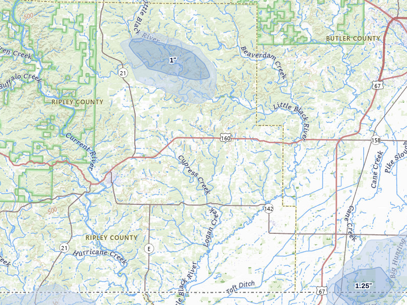 NEXRAD radar-signature map of the hail storm over Fairdealing, MO on Jun 9, 2026