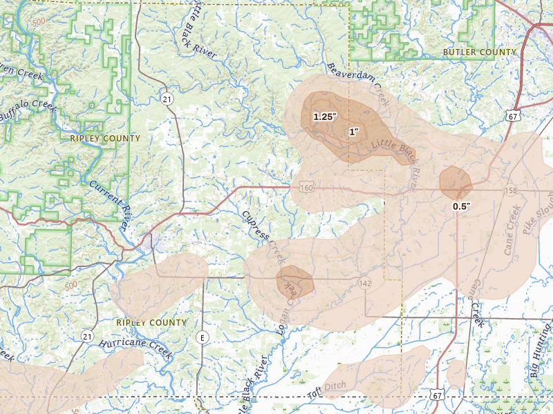 Radar-estimated hail-size map of the storm over Fairdealing, MO on Jul 9, 2026