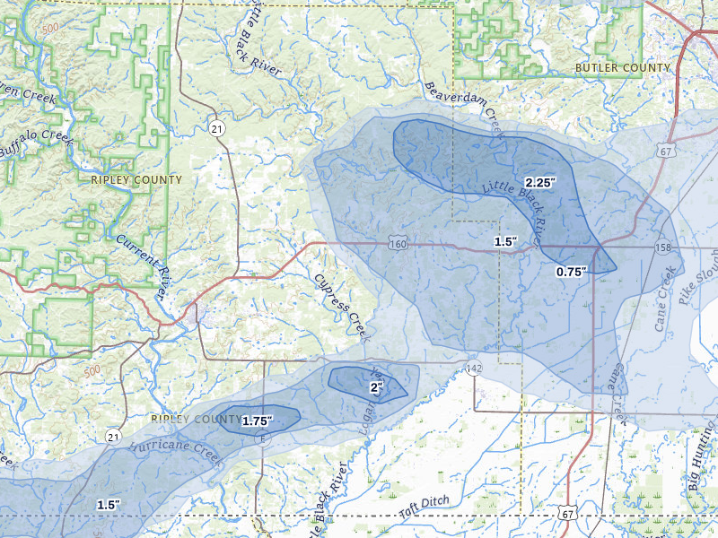 NEXRAD radar-signature map of the hail storm over Fairdealing, MO on Jul 9, 2026