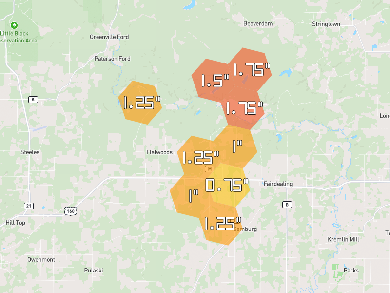 Hail map of Fairdealing, MO on Jul 9, 2026, hail up to 1.75"