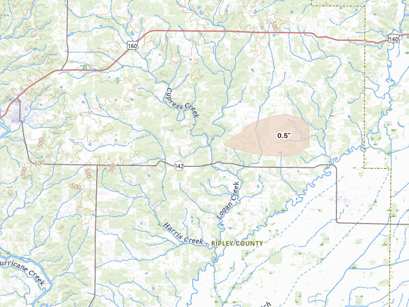Radar-estimated hail-size map of the storm over Fairdealing, MO on Jul 18, 2026