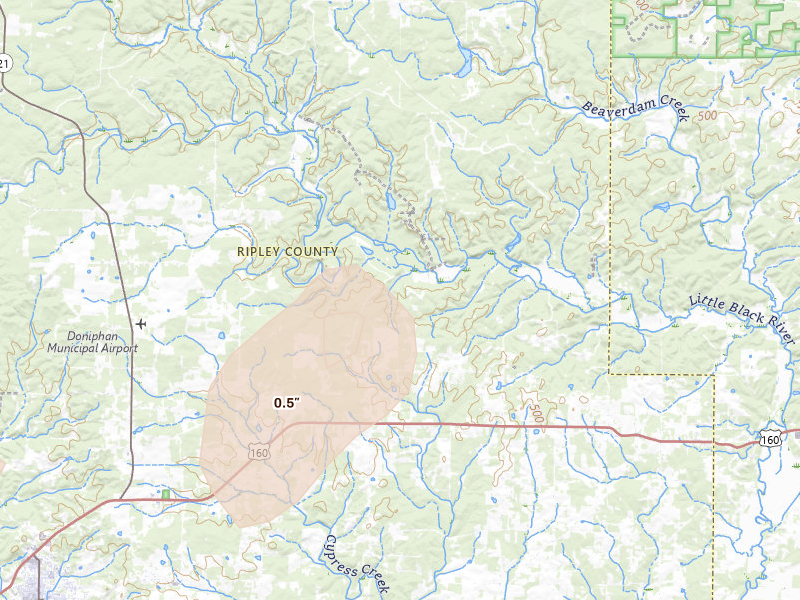 Radar-estimated hail-size map of the storm over Fairdealing, MO