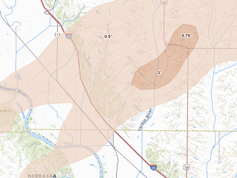 Radar-estimated hail-size map of the storm over Fairfax, MO on Apr 3, 2026