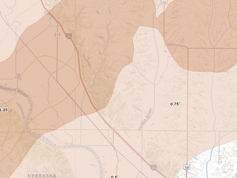 Radar-estimated hail-size map of the storm over Fairfax, MO on May 18, 2026