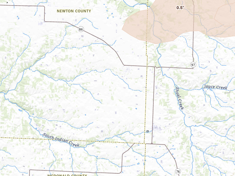 Radar-estimated hail-size map of the storm over Fairview, MO on Apr 27, 2026