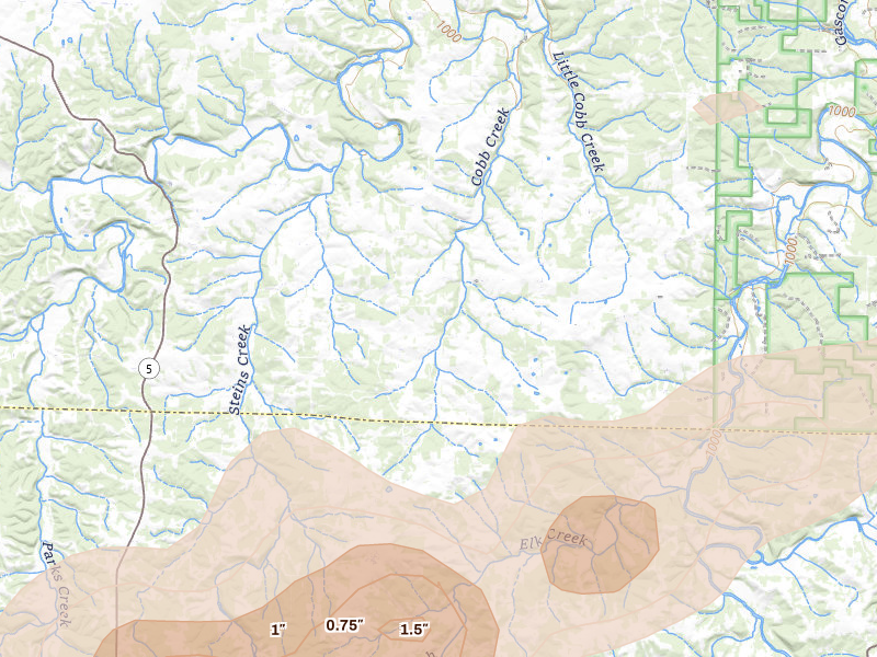 Radar-estimated hail-size map of the storm over Falcon, MO on Mar 4, 2026