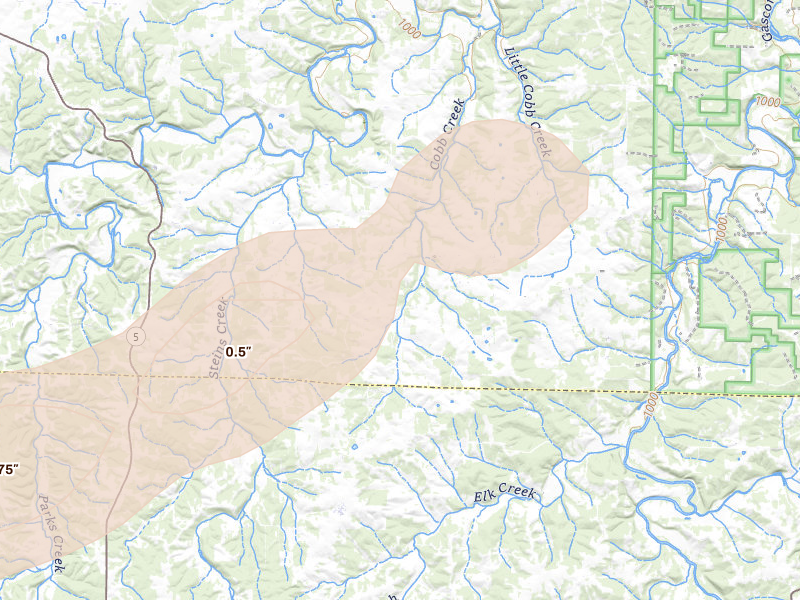 Radar-estimated hail-size map of the storm over Falcon, MO on Apr 28, 2026
