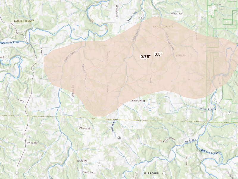 Radar-estimated hail-size map of the storm over Falcon, MO