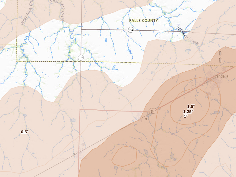Radar-estimated hail-size map of the storm over Farber, MO on Apr 27, 2026