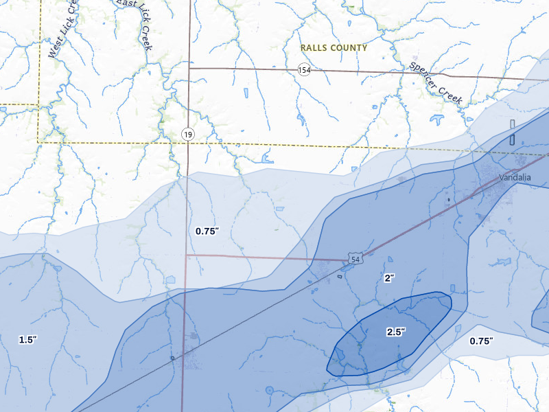NEXRAD radar-signature map of the hail over Farber, MO