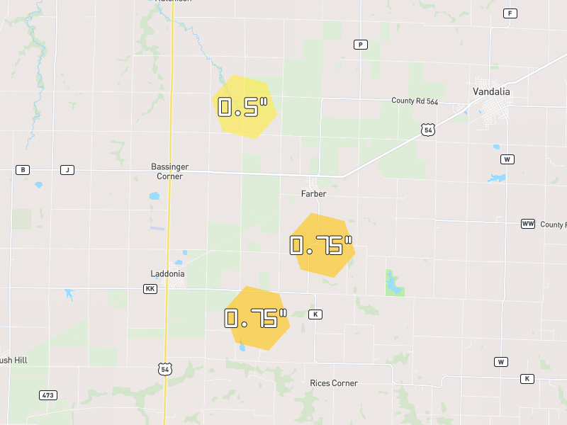 Hail map of Farber, MO on Jun 1, 2026, hail up to 0.75"