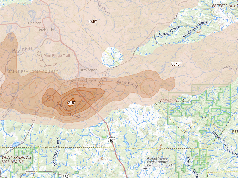 Radar-estimated hail-size map of the storm over Farmington, MO on Apr 26, 2026
