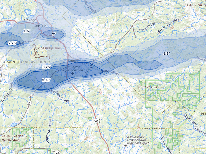 NEXRAD radar-signature map of the hail over Farmington, MO