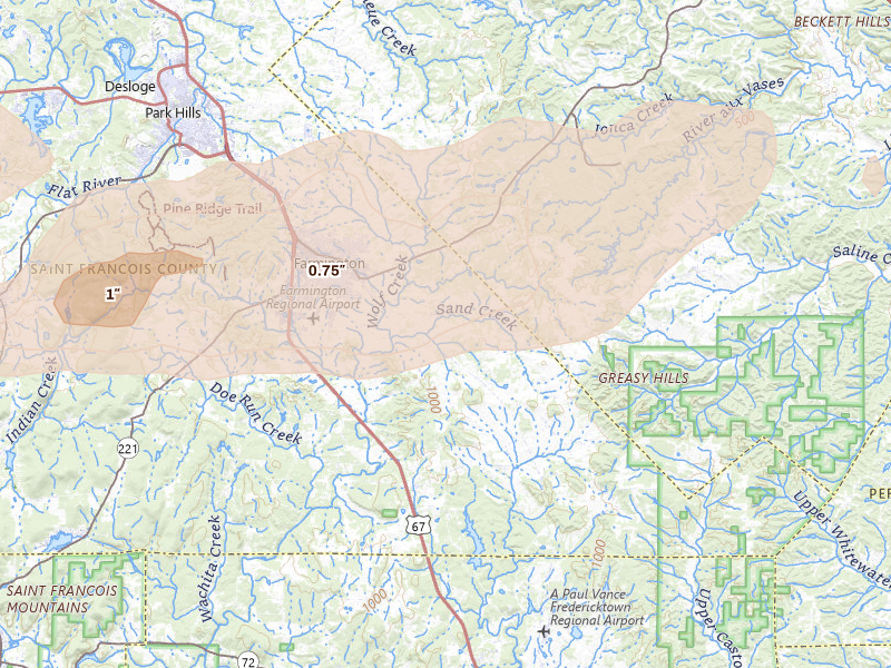 Radar-estimated hail-size map of the storm over Farmington, MO on Apr 27, 2026