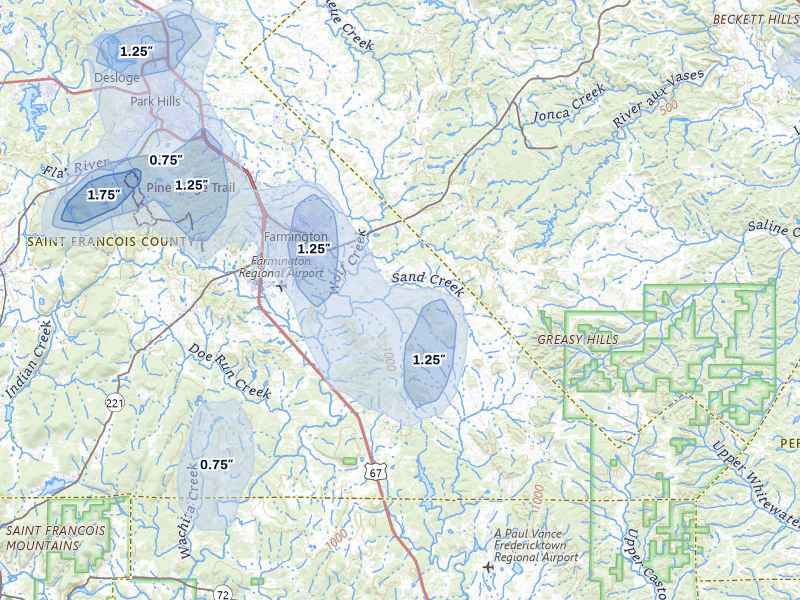 NEXRAD radar-signature map of the hail storm over Farmington, MO on Jul 31, 2026
