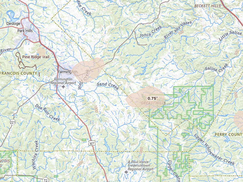 Radar-estimated hail-size map of the storm over Farmington, MO