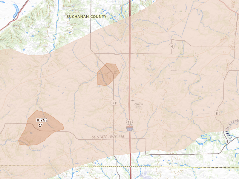 Radar-estimated hail-size map of the storm over Faucett, MO on Apr 17, 2026