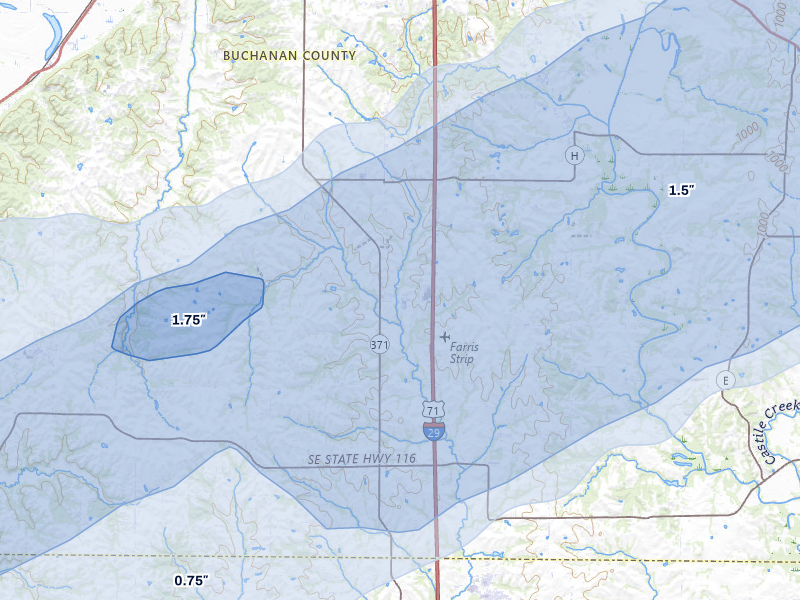NEXRAD radar-signature map of the hail over Faucett, MO
