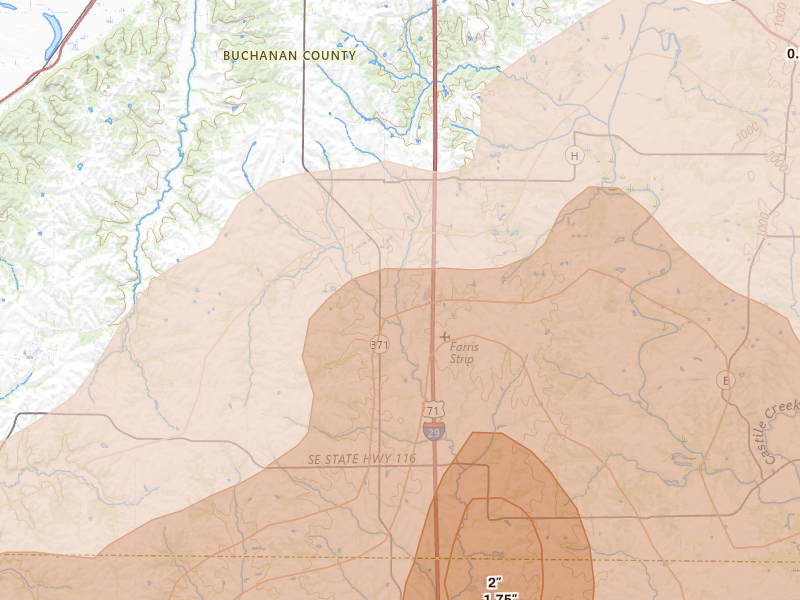 Radar-estimated hail-size map of the storm over Faucett, MO on Apr 26, 2026