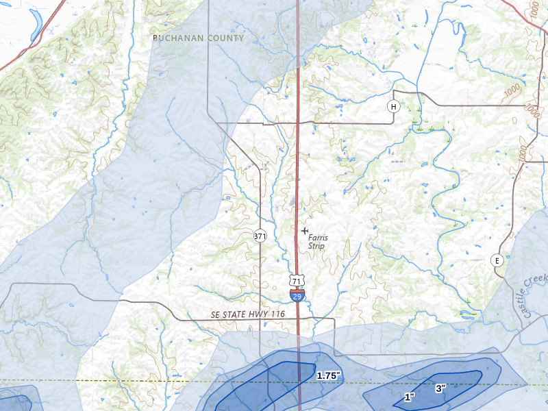 NEXRAD radar-signature map of the hail over Faucett, MO