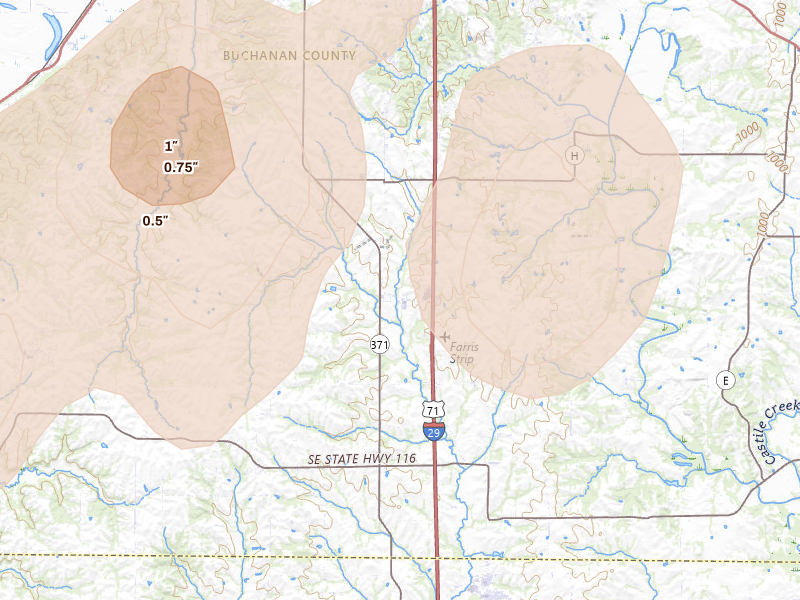 Radar-estimated hail-size map of the storm over Faucett, MO on Jul 3, 2026