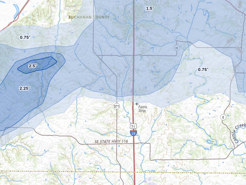 NEXRAD radar-signature map of the hail storm over Faucett, MO on Jul 3, 2026