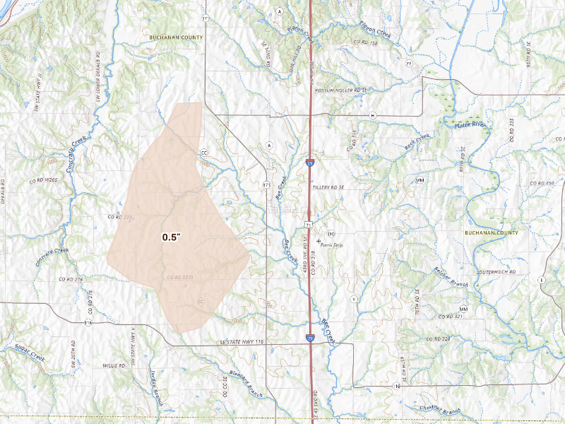 Radar-estimated hail-size map of the storm over Faucett, MO