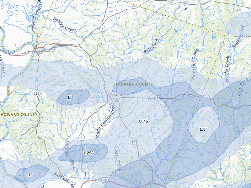 NEXRAD radar-signature map of the hail over Fayette, MO