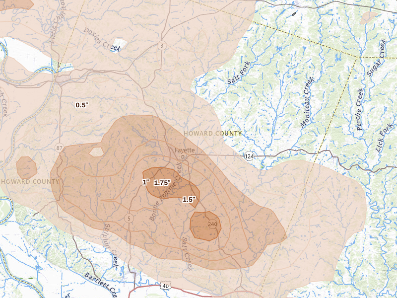 Radar-estimated hail-size map of the storm over Fayette, MO on May 31, 2026
